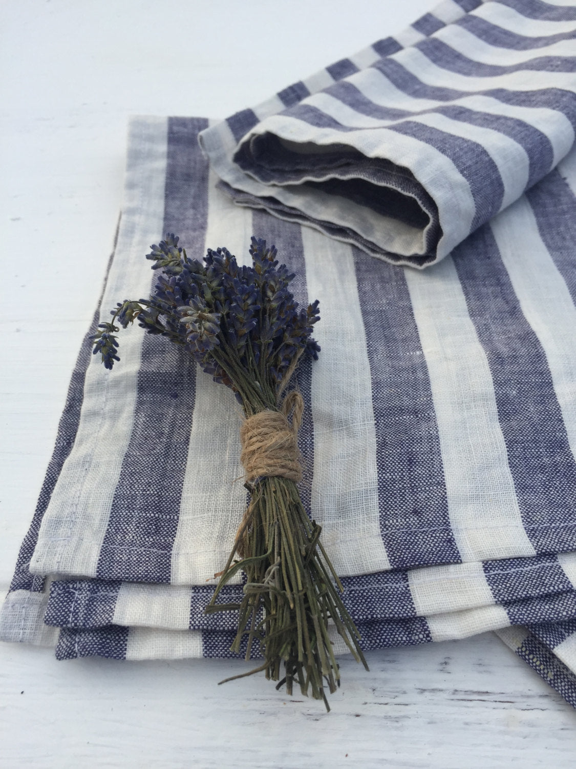 Linen napkins, Set of four white and blue striped napkins, cloth napkins, set of napkins by Linenbee