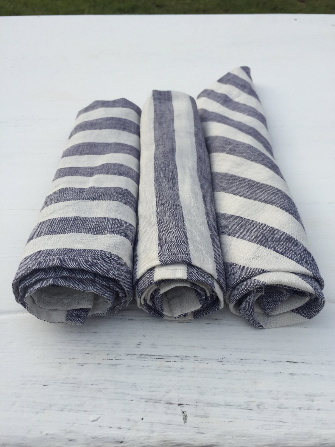 Linen napkins, Set of four white and blue striped napkins, cloth napkins, set of napkins by Linenbee