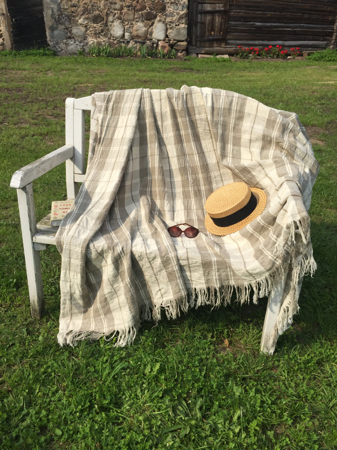 Linen Blanket Brown Bedspread Tartan Throw Linen Bed Cover by Linenbee