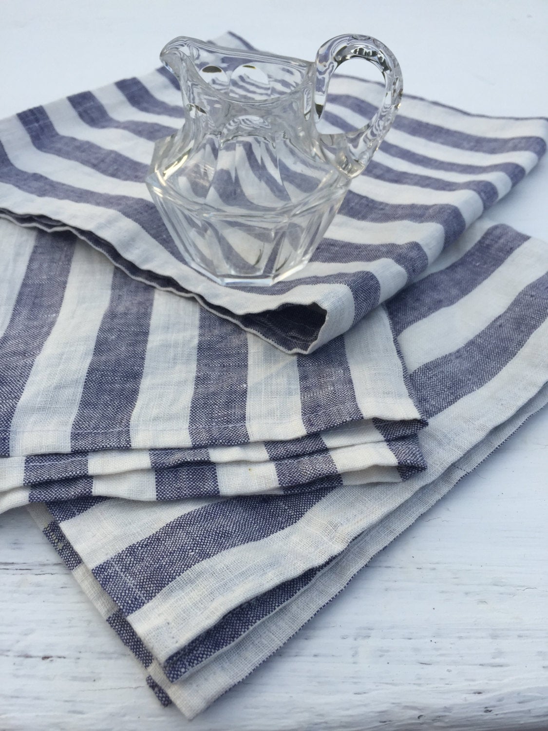 Linen napkins, Set of four white and blue striped napkins, cloth napkins, set of napkins by Linenbee