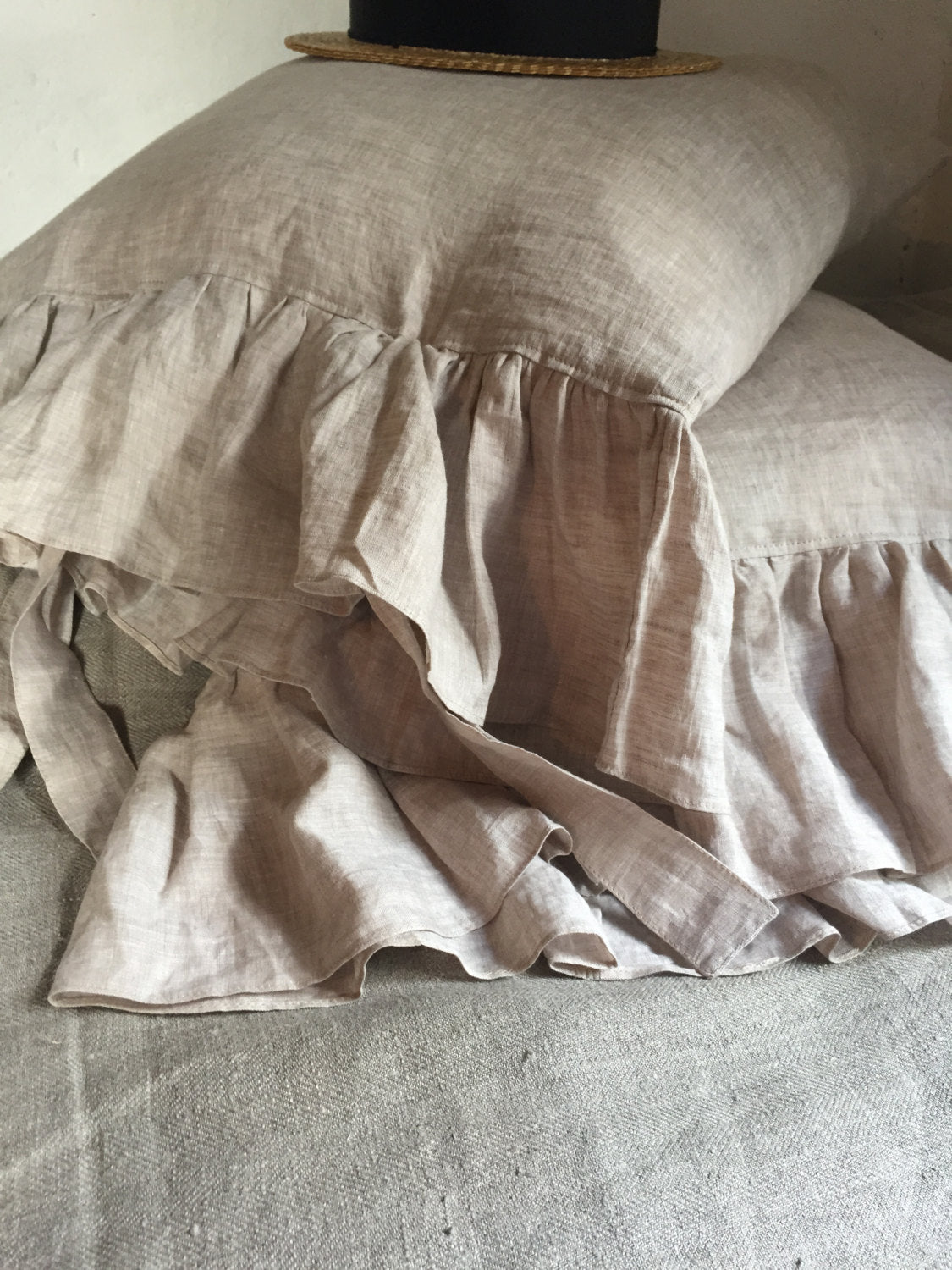 Linen Pillowcases with ruffles, set of two romantic luxurious pillowcases, antique shabby chic pillowcase by Linenbee