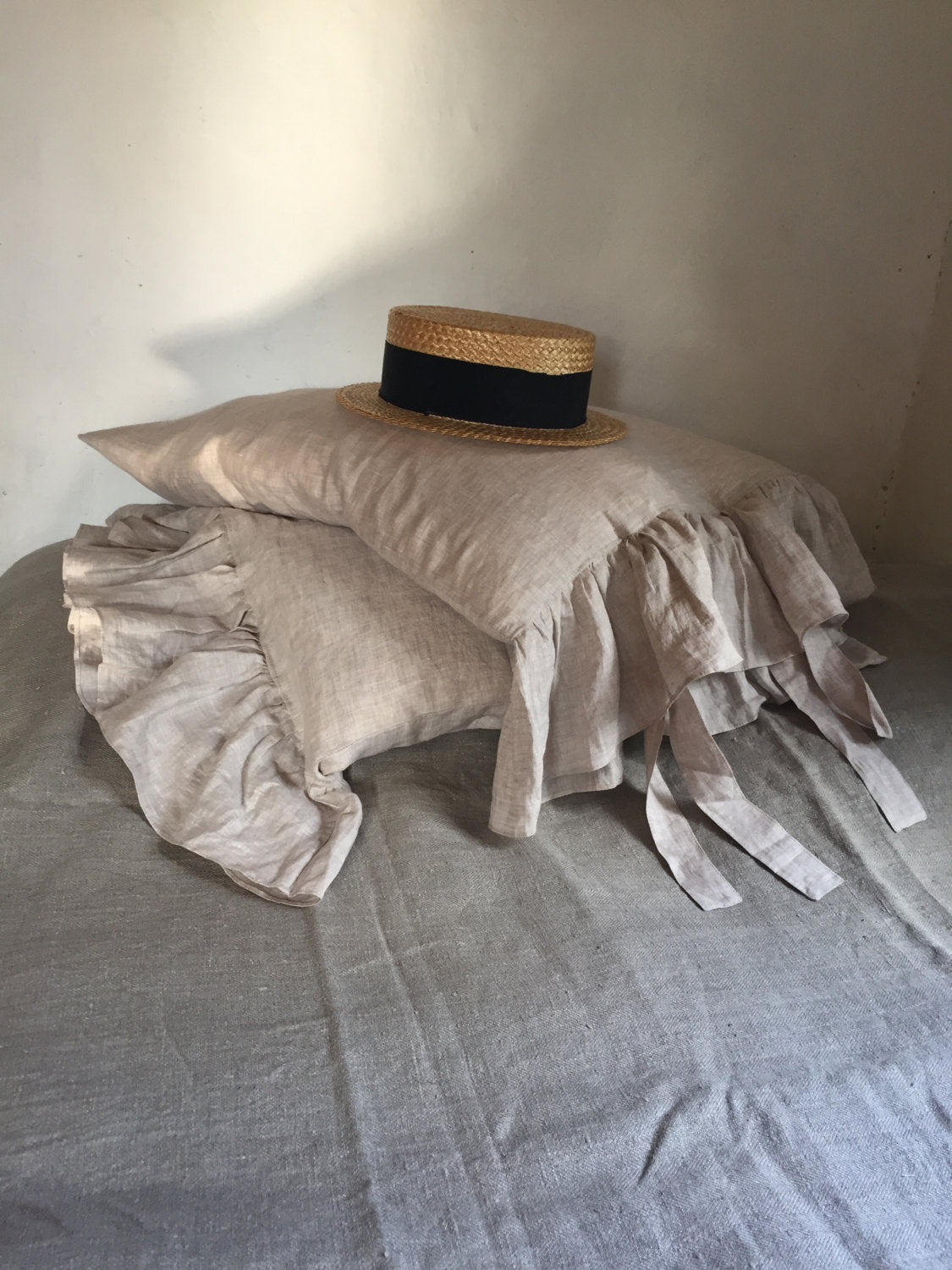 Linen Pillowcases with ruffles, set of two romantic luxurious pillowcases, antique shabby chic pillowcase by Linenbee
