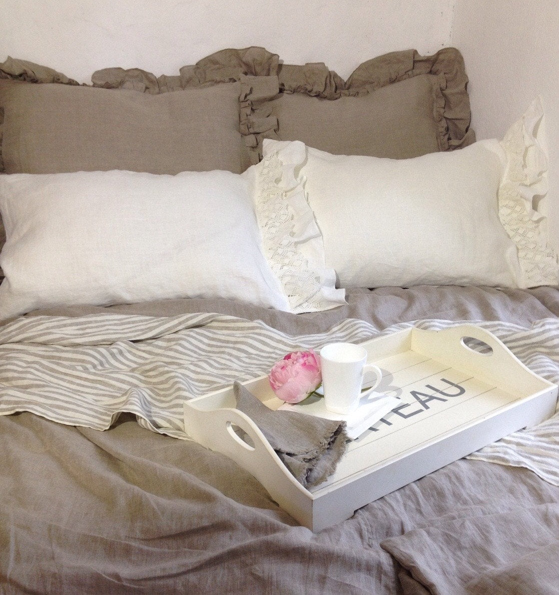 Linen Pillowcase with Lace and Ruffles, Romantic Pillowcase, Antique Shabby Chic Sham, Queen, King, Standard Linen Pillowcase