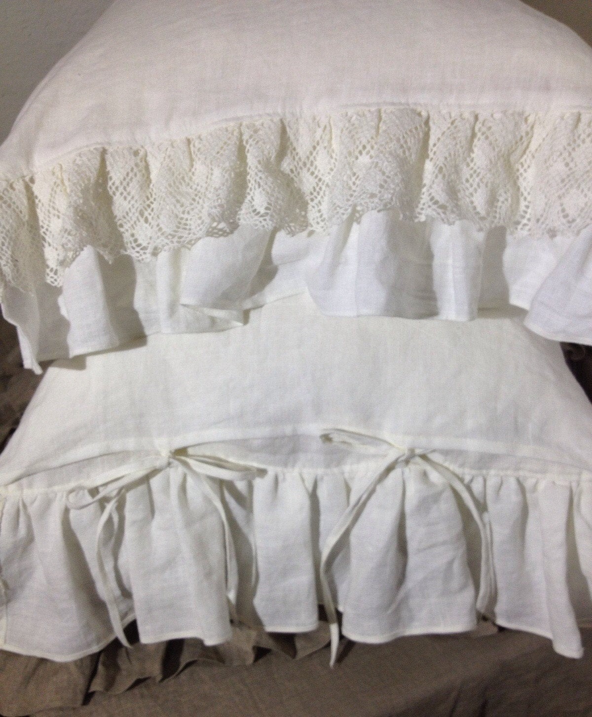 Linen Pillowcase with Lace and Ruffles, Romantic Pillowcase, Antique Shabby Chic Sham, Queen, King, Standard Linen Pillowcase