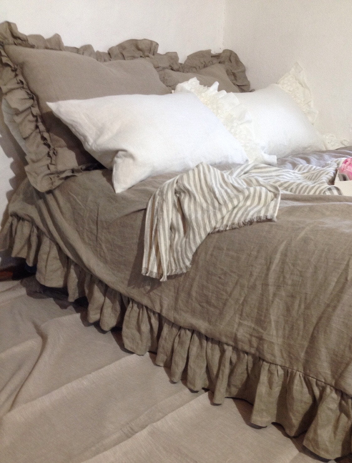 Linen Duvet Cover with Ruffles, natural 100% pure taupe linen bedding, Ruffled Duvet Cover, Ruffled linen, Shabby Chic bedding, Queen, King