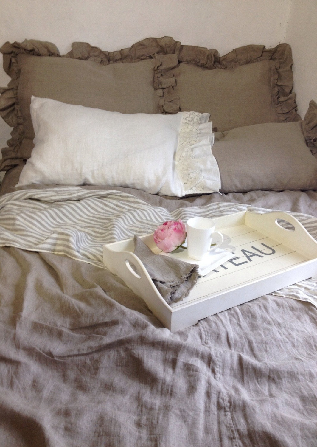 Linen Duvet Cover with Ruffles, natural 100% pure taupe linen bedding, Ruffled Duvet Cover, Ruffled linen, Shabby Chic bedding, Queen, King