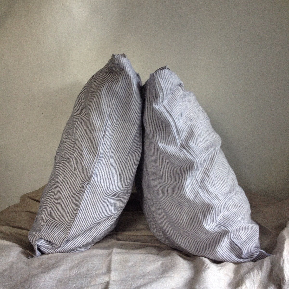 Striped Linen Pillowcases, Set of Two Linen Pillowcases with thin White and Blue stripes, Sham, Queen, King, Standard by Linenbee