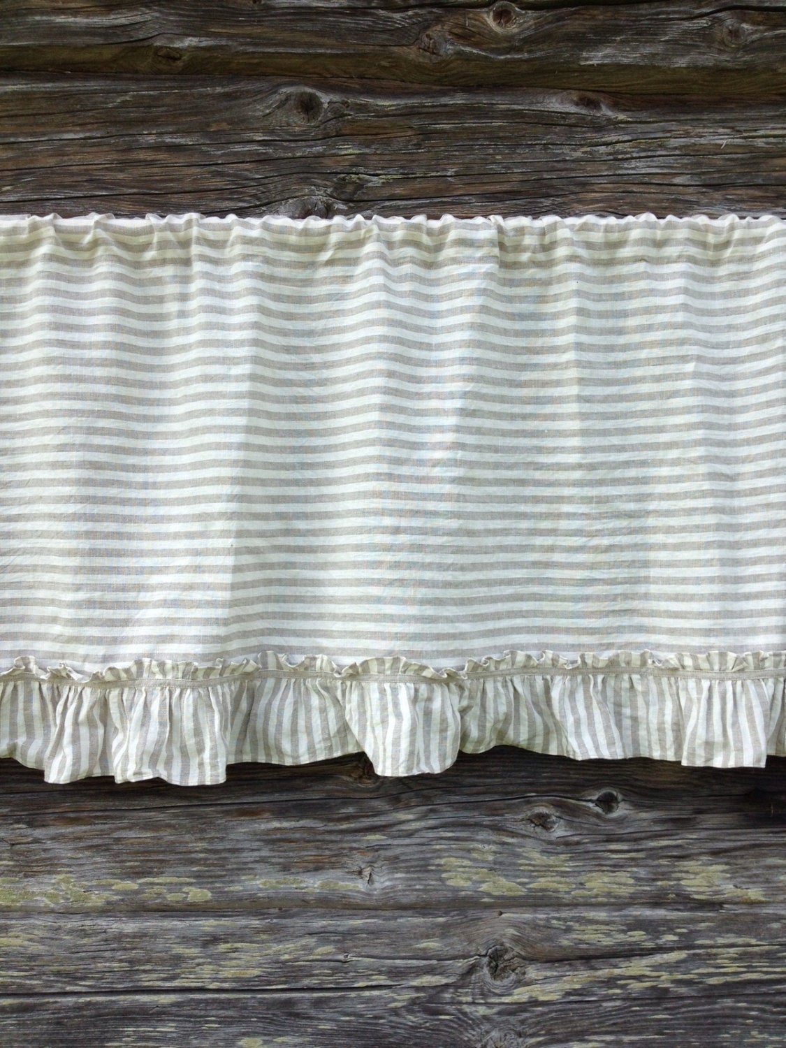 Linen Valance with Ruffles, Striped Linen Curtain, Window Panel French Country Curtain, Shabby Chic Cafe Curtains