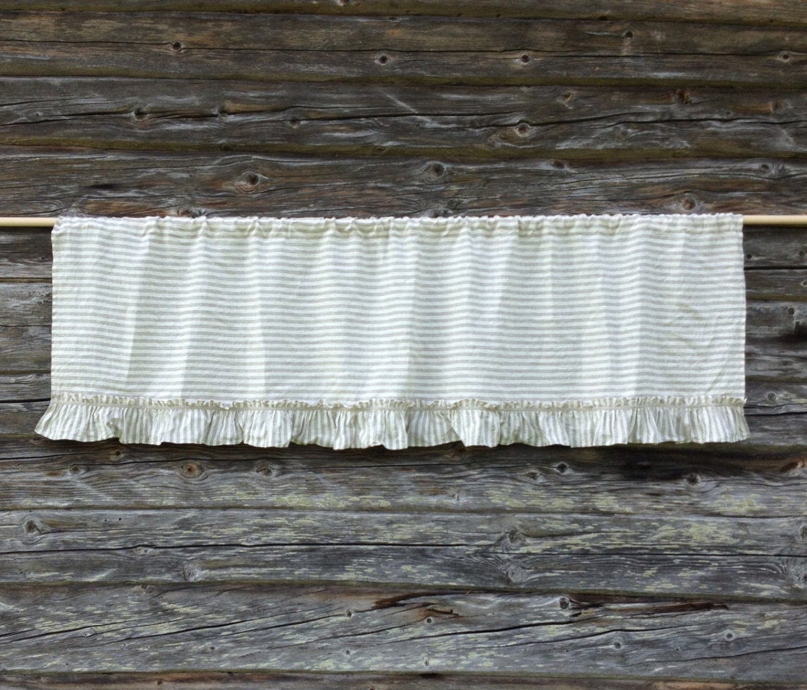 Linen Valance with Ruffles, Striped Linen Curtain, Window Panel French Country Curtain, Shabby Chic Cafe Curtains