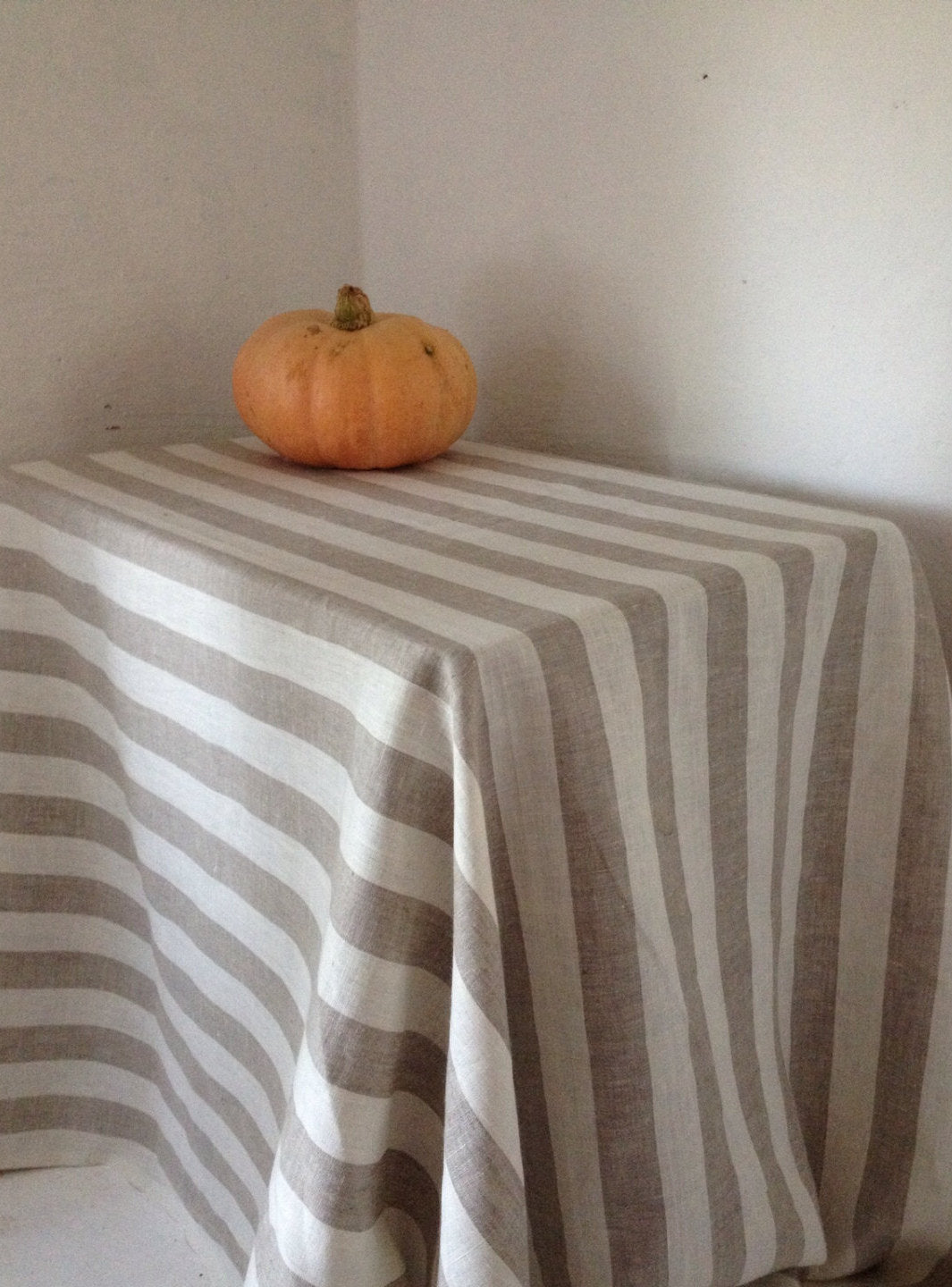 Linen tablecloth, striped tablecloth, ivory and light brown softened linen tablecloth, square tablecloth by Linenbee