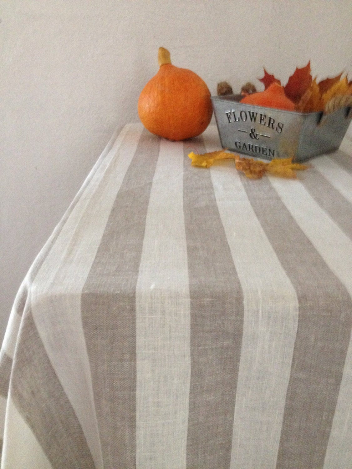 Linen tablecloth, striped tablecloth, ivory and light brown softened linen tablecloth, square tablecloth by Linenbee
