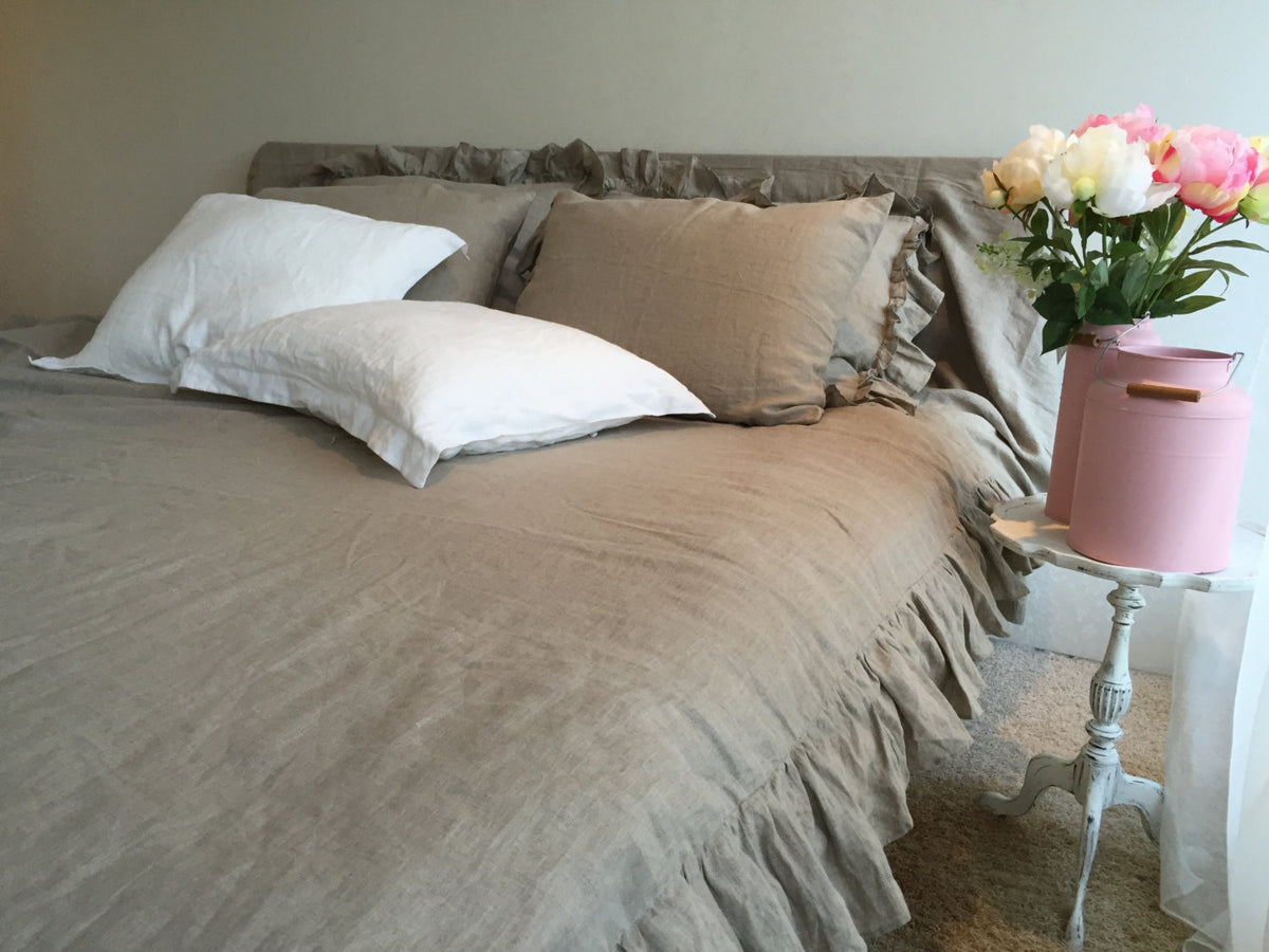 Linen Duvet Cover with Ruffles, natural 100% pure taupe linen bedding, Ruffled Duvet Cover, Ruffled linen, Shabby Chic bedding, Queen, King
