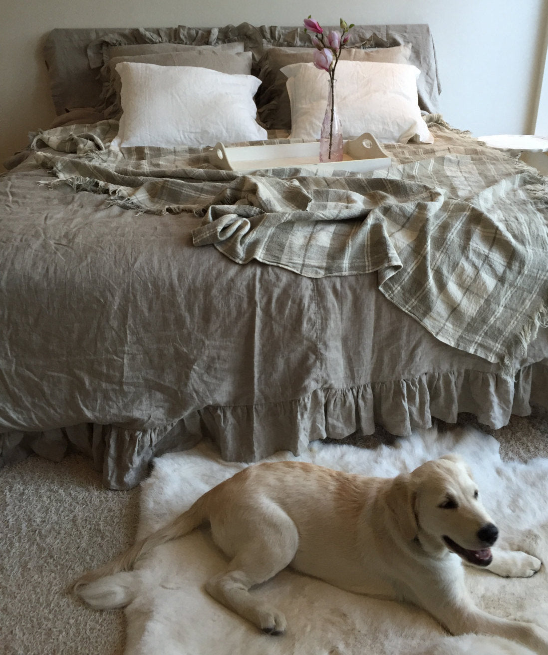 Linen Duvet Cover with Ruffles, natural 100% pure taupe linen bedding, Ruffled Duvet Cover, Ruffled linen, Shabby Chic bedding, Queen, King