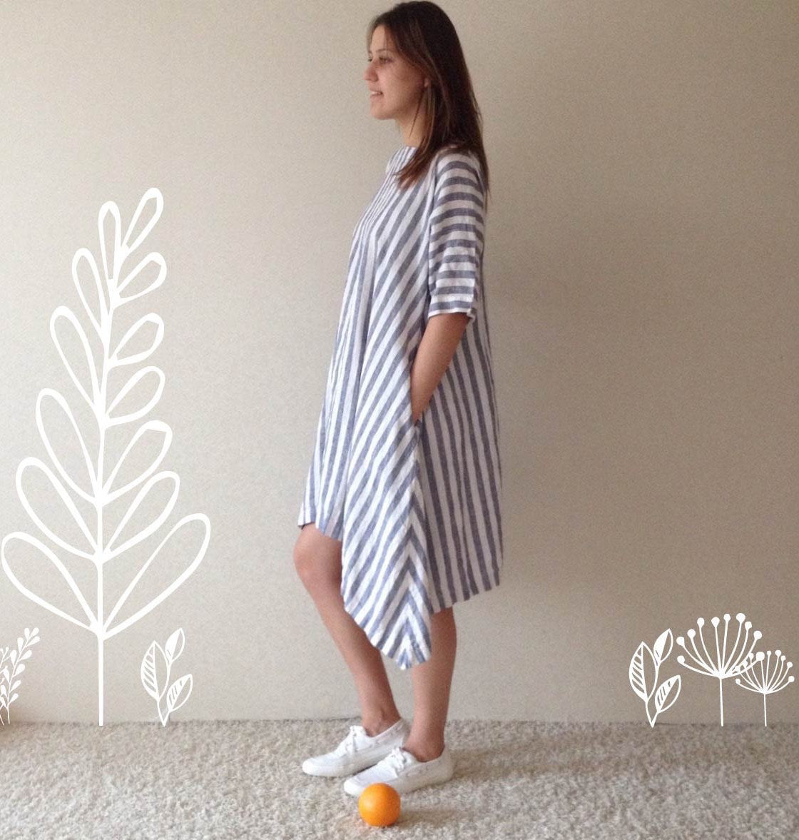 Linen Dress, Loose, Blue and White Striped Women Dress with pockets, Striped Oversized Tunic Dress Trapeze, Plus size dress, xxl dress, xl