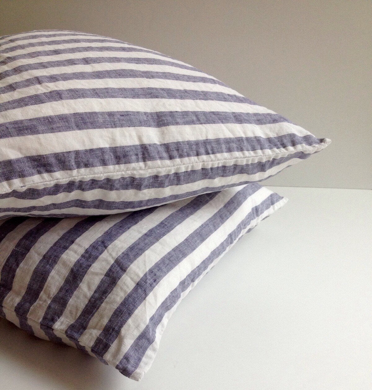 Set of Two Striped Linen Pillowcases, Blue and White Linen Pillowcases, Shams, Queen, King, Standard Linen Pillow Cover