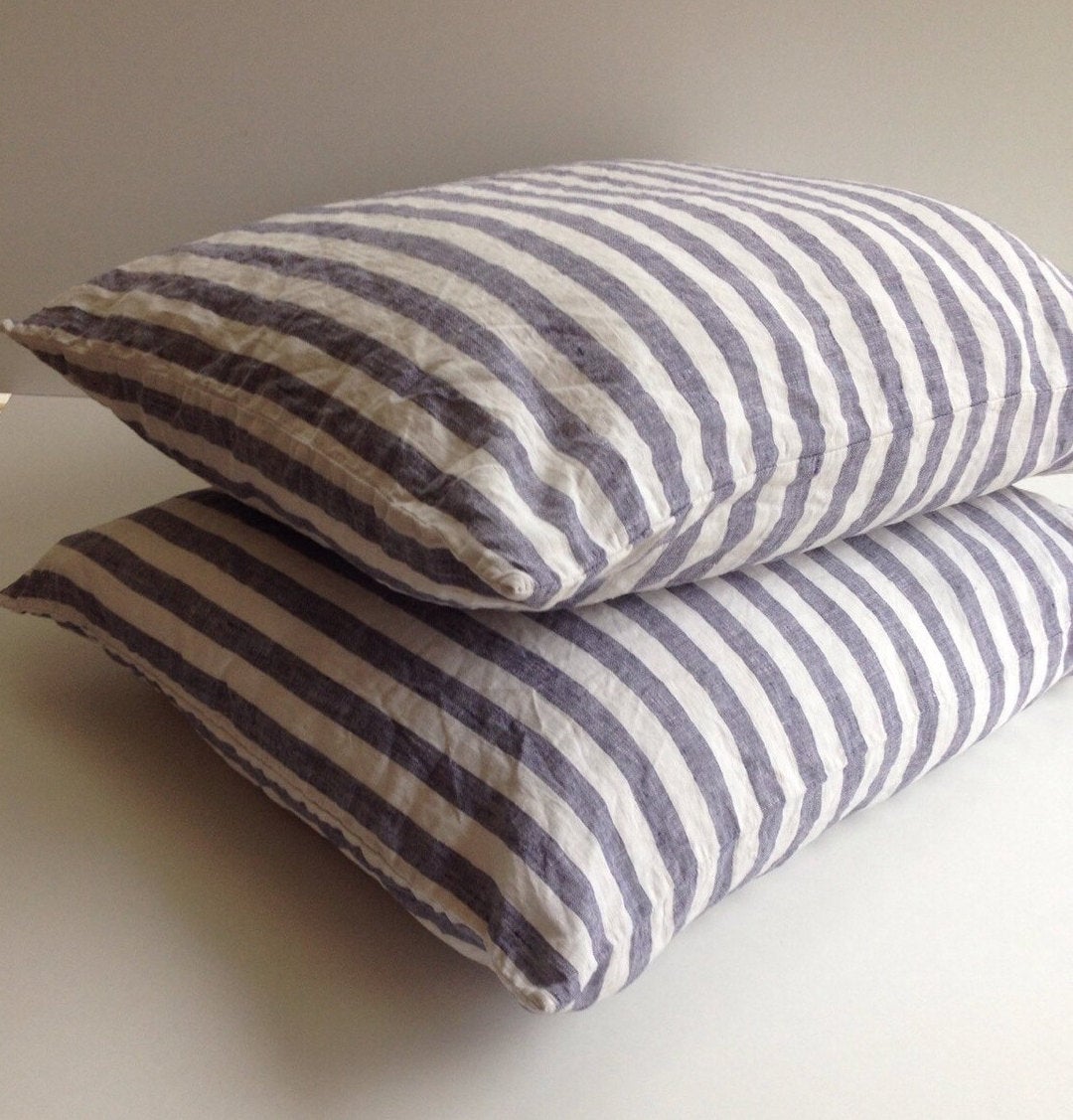 Set of Two Striped Linen Pillowcases, Blue and White Linen Pillowcases, Shams, Queen, King, Standard Linen Pillow Cover