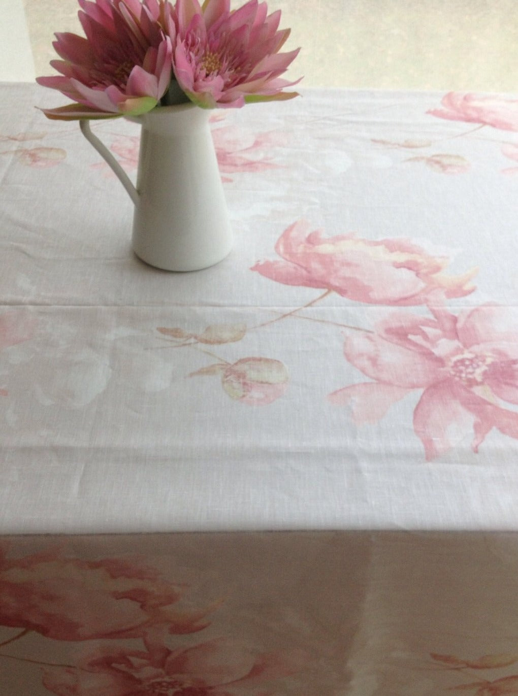 Romantic Linen Tablecloth with Soft Pink and White Flower Print, Light Gray linen tablecloth with flower print