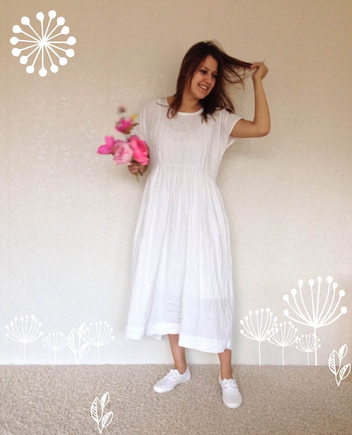 White Linen Dress with Sleeves and Pockets - Linenbee White Linen Dress with Sleeves and Pockets - Linenbee