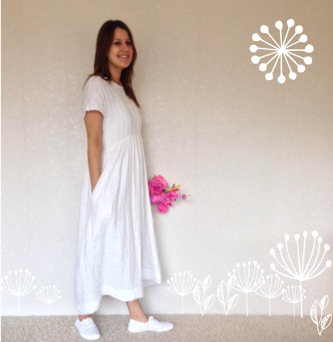 White Linen Dress with Sleeves and Pockets - Linenbee White Linen Dress with Sleeves and Pockets - Linenbee