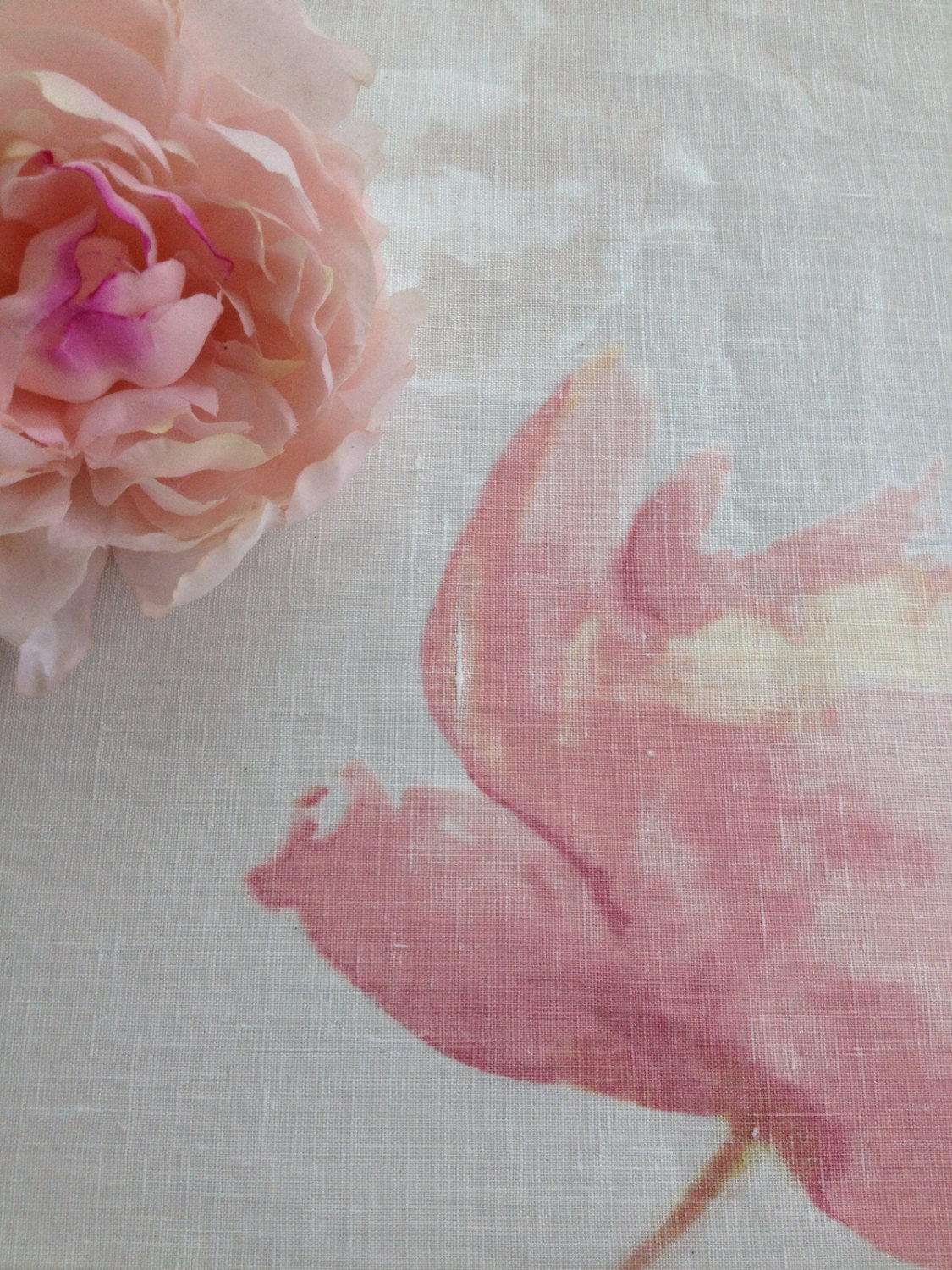 Romantic Linen Tablecloth with Soft Pink and White Flower Print, Light Gray linen tablecloth with flower print