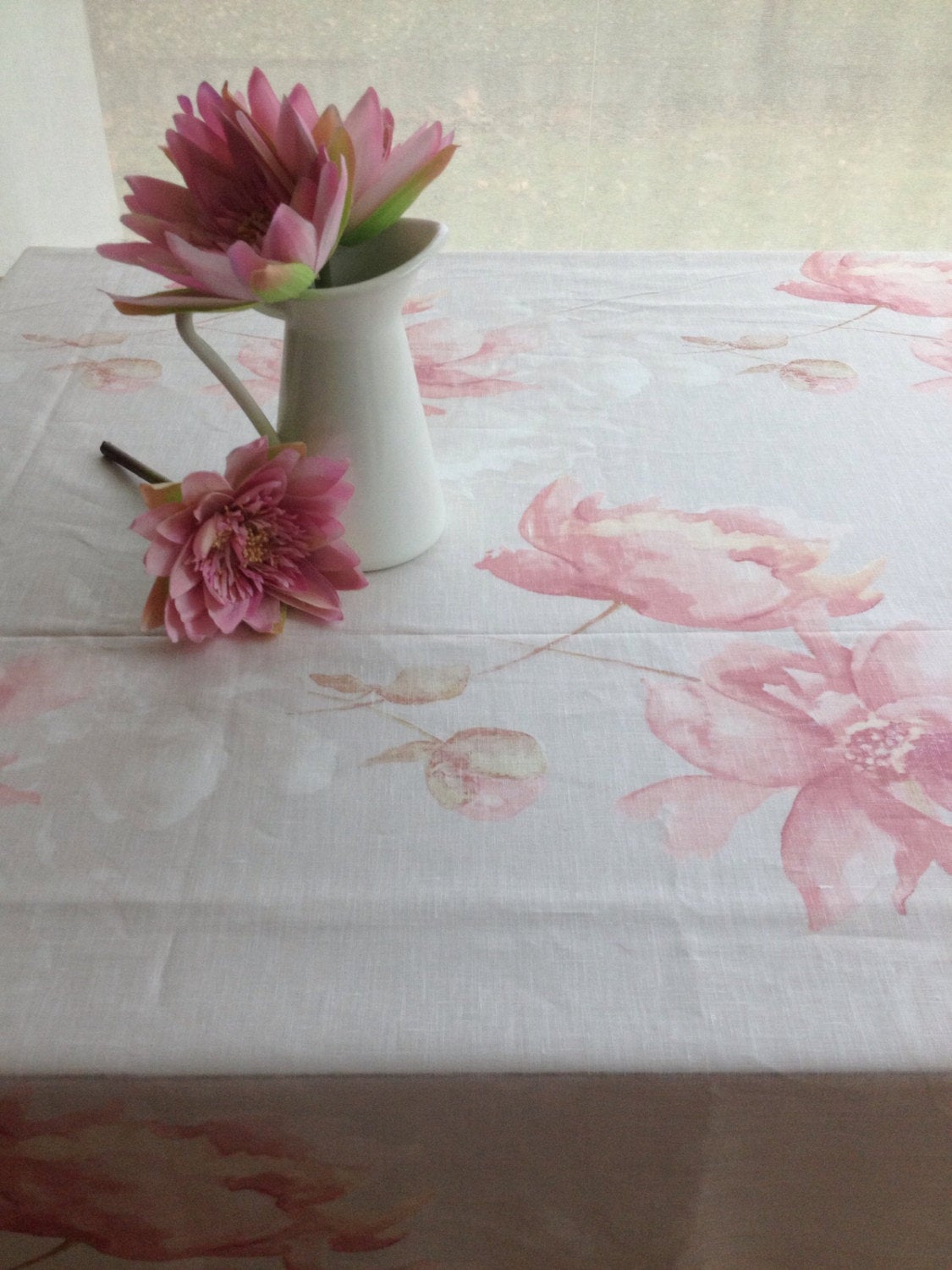 Romantic Linen Tablecloth with Soft Pink and White Flower Print, Light Gray linen tablecloth with flower print