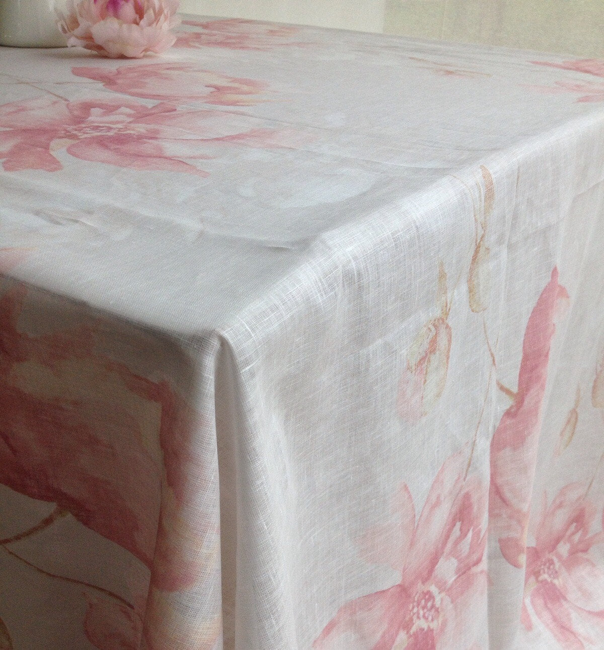 Romantic Linen Tablecloth with Soft Pink and White Flower Print, Light Gray linen tablecloth with flower print