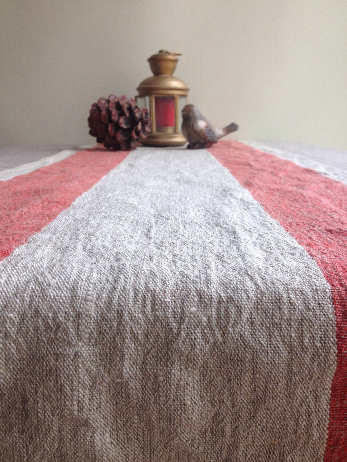 Rustic Table Runner, Linen table runner, Red Striped Table Runner, Rustic linen table runner, Red Striped thick table runner by Linenbee