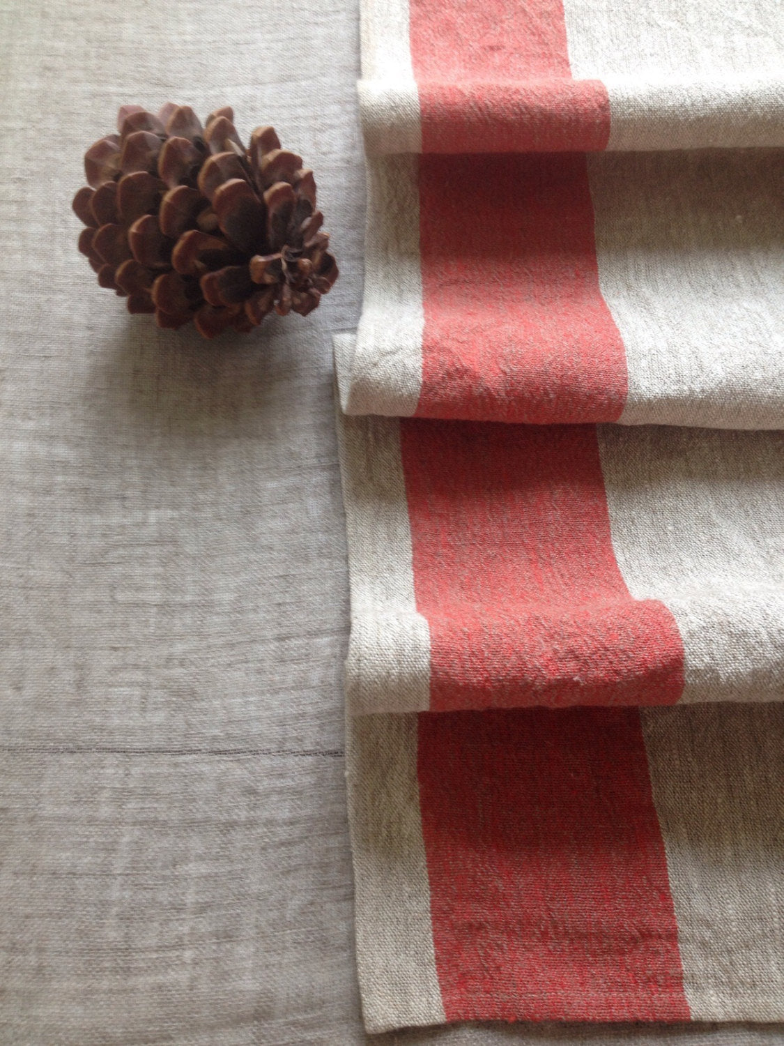Rustic Table Runner, Linen table runner, Red Striped Table Runner, Rustic linen table runner, Red Striped thick table runner by Linenbee