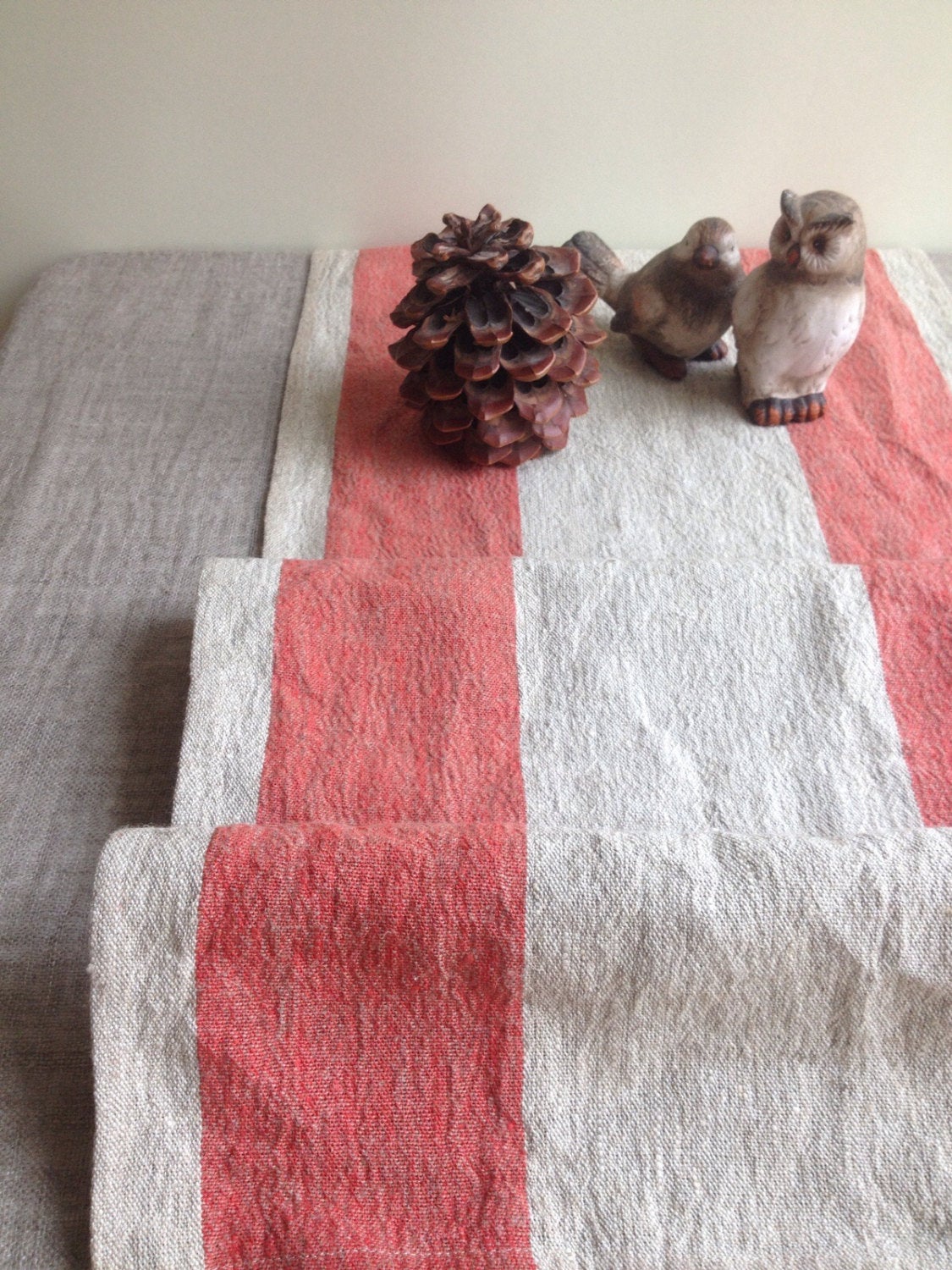 Rustic Table Runner, Linen table runner, Red Striped Table Runner, Rustic linen table runner, Red Striped thick table runner by Linenbee