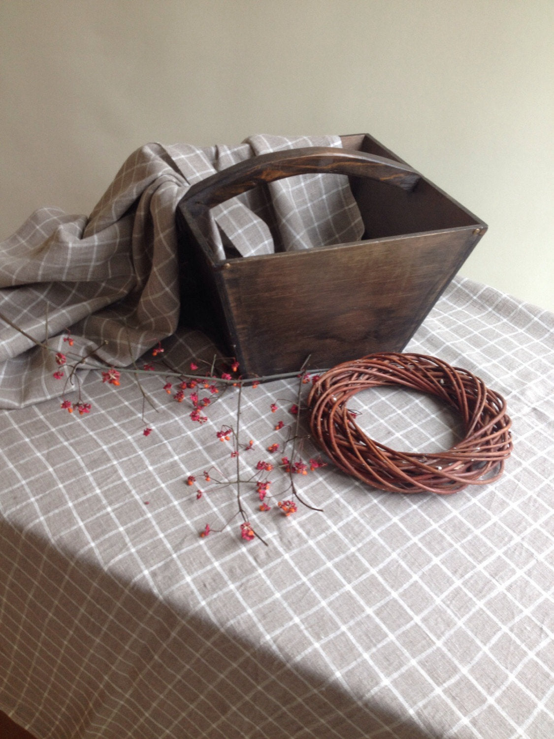Linen tablecloth, Checkered Tablecloth, Rectangle Tablecloth, Natural Linen Tablecloth, Large Tablecloth