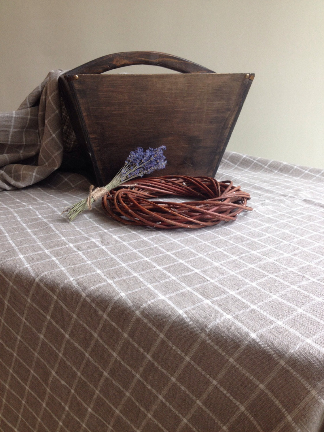 Linen tablecloth, Checkered Tablecloth, Rectangle Tablecloth, Natural Linen Tablecloth, Large Tablecloth