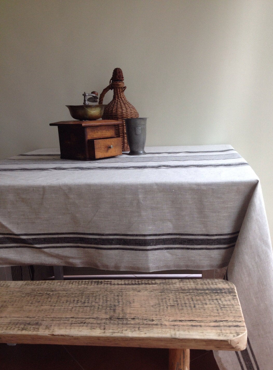Linen tablecloth, French country rustic table cloth, square tablecloth, oval tablecloth, striped tablecloth, sack linen