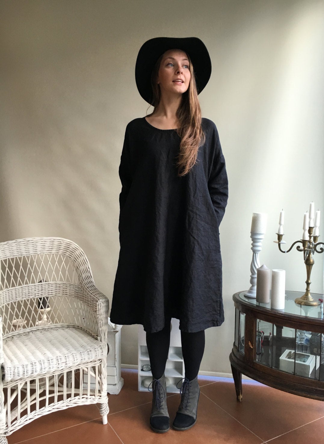 Linen Dress, Oversized black dress, Loose long sleeve dress, womens tunic, plus size dress, black dress, linen dresses for woman