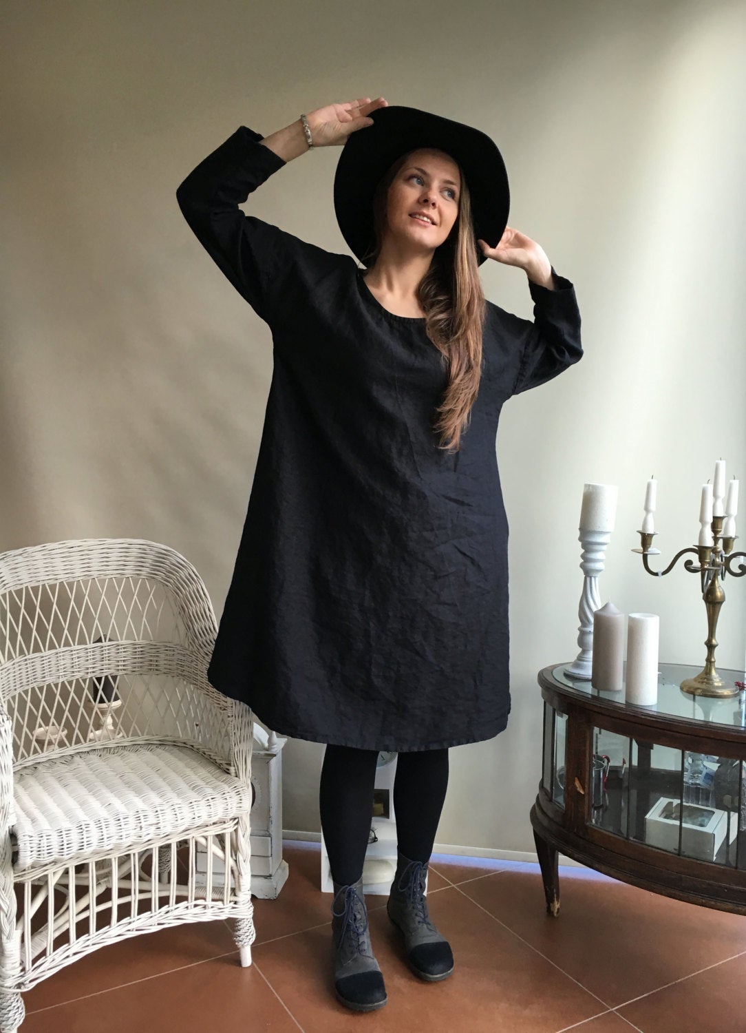 Linen Dress, Summer Linen Dress, loose A shaped dress, Long sleeve dress, womens tunic, plus size dress, holiday dress, women dress