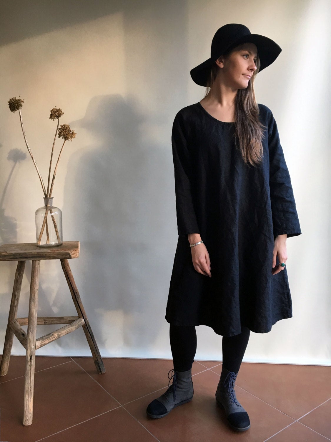 Linen Dress, Oversized black dress, Loose long sleeve dress, womens tunic, plus size dress, black dress, linen dresses for woman