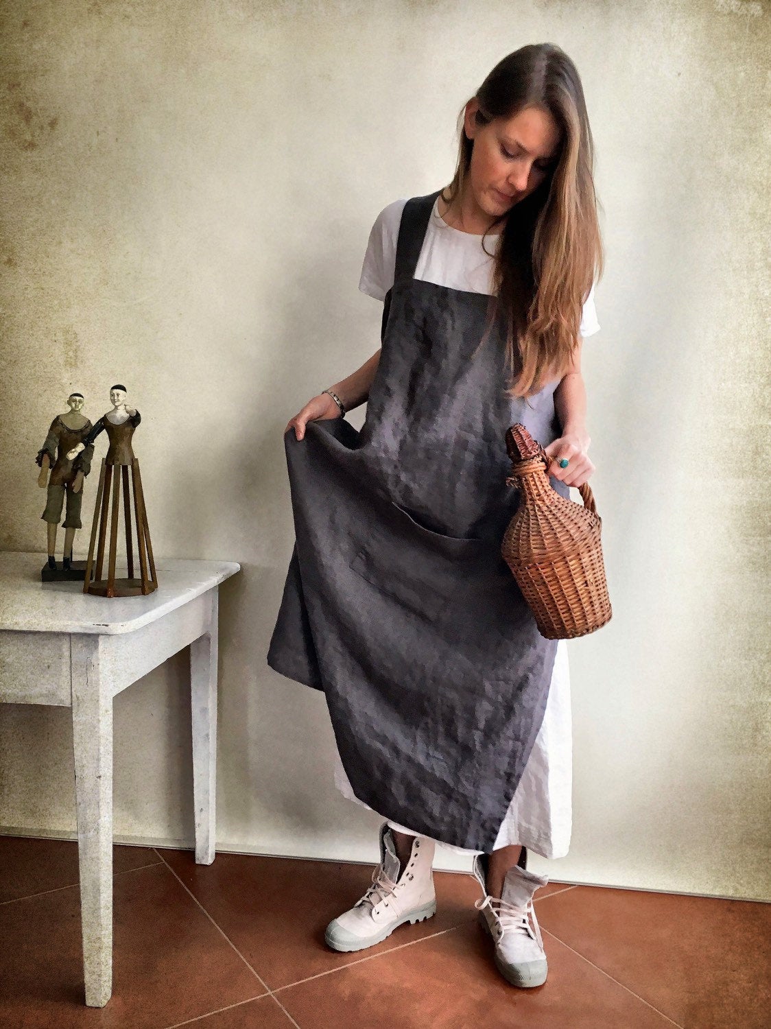 Long Linen Pinafore Apron, Linen Wrap Apron - Linenbee Long Linen Pinafore Apron, Linen Wrap Apron - Linenbee