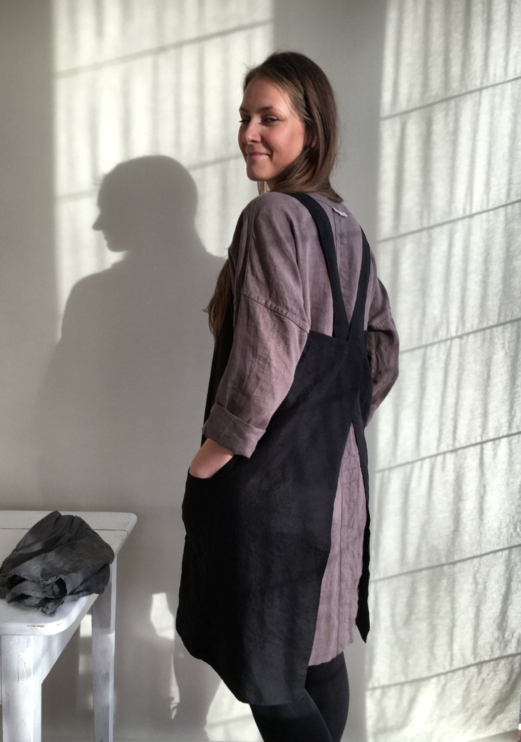 Linen Pinafore Apron, Linen Apron, Dark Pinafore Woman, Square-Cross Apron, no-ties apron, Japanese apron, linen smock, Mothers day gift