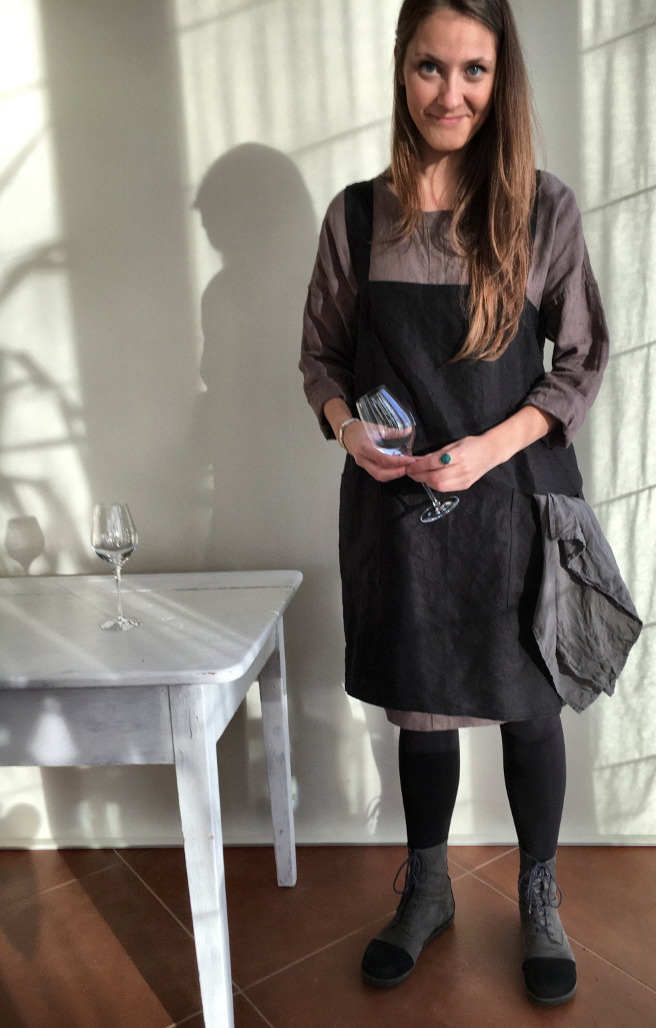 Linen Pinafore Apron, Linen Apron, Dark Pinafore Woman, Square-Cross Apron, no-ties apron, Japanese apron, linen smock, Mothers day gift