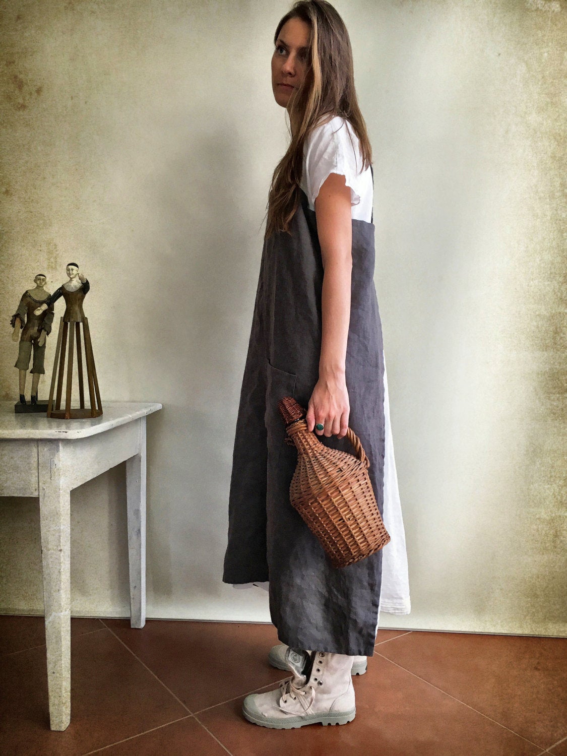 Linen Pinafore Apron, Linen Apron, Long Pinafore Woman, Square-Cross Apron, no-ties apron, Japanese apron, linen smock, Mothers day gift