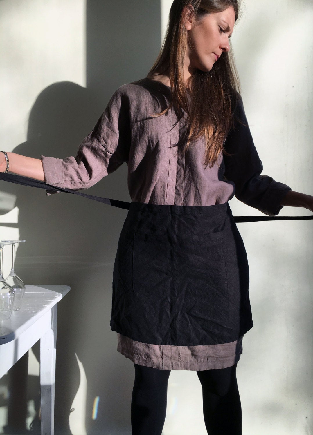 Cafe Apron Apron With Front Pocket, Black Linen Apron, Cafe Apron, Half Apron, Long Waist Apron, Women&amp;#39;s aprons, Mens Apron, Apron linen