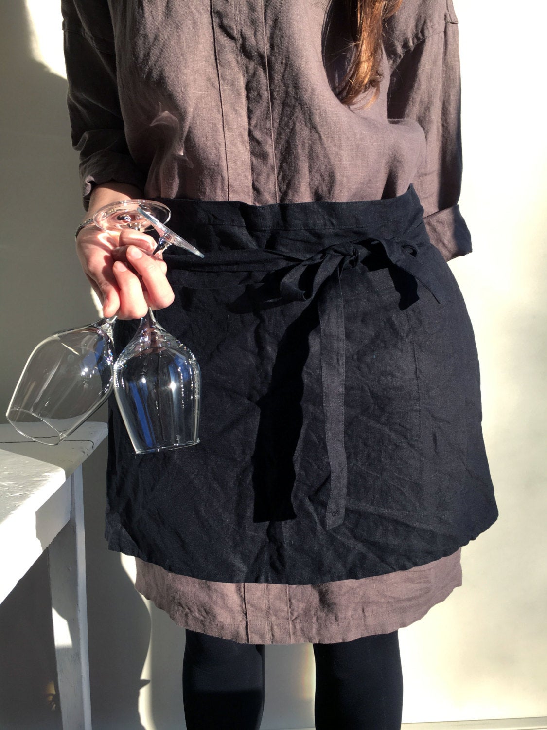 Cafe Apron Apron With Front Pocket, Black Linen Apron, Cafe Apron, Half Apron, Long Waist Apron, Women&amp;#39;s aprons, Mens Apron, Apron linen