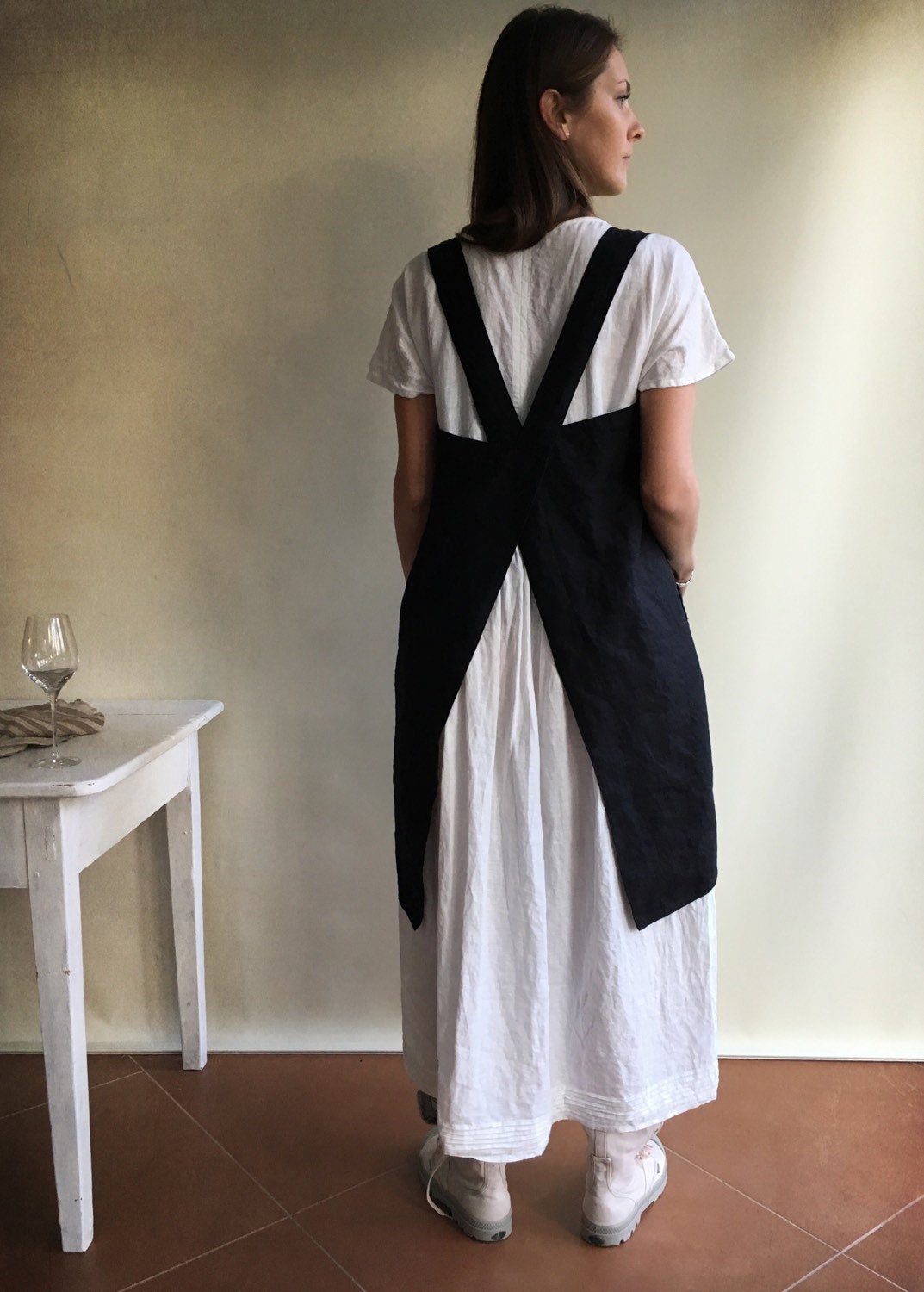 Linen Pinafore Apron, Dark Pinafore Apron Woman, Square-Cross Apron, no-ties apron, Japanese apron, linen smock, Apron dress, mothers day