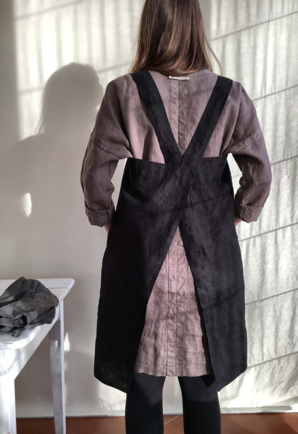 Linen Pinafore Apron, Linen Apron, Dark Pinafore Woman, Square-Cross Apron, no-ties apron, Japanese apron, linen smock, Mothers day gift