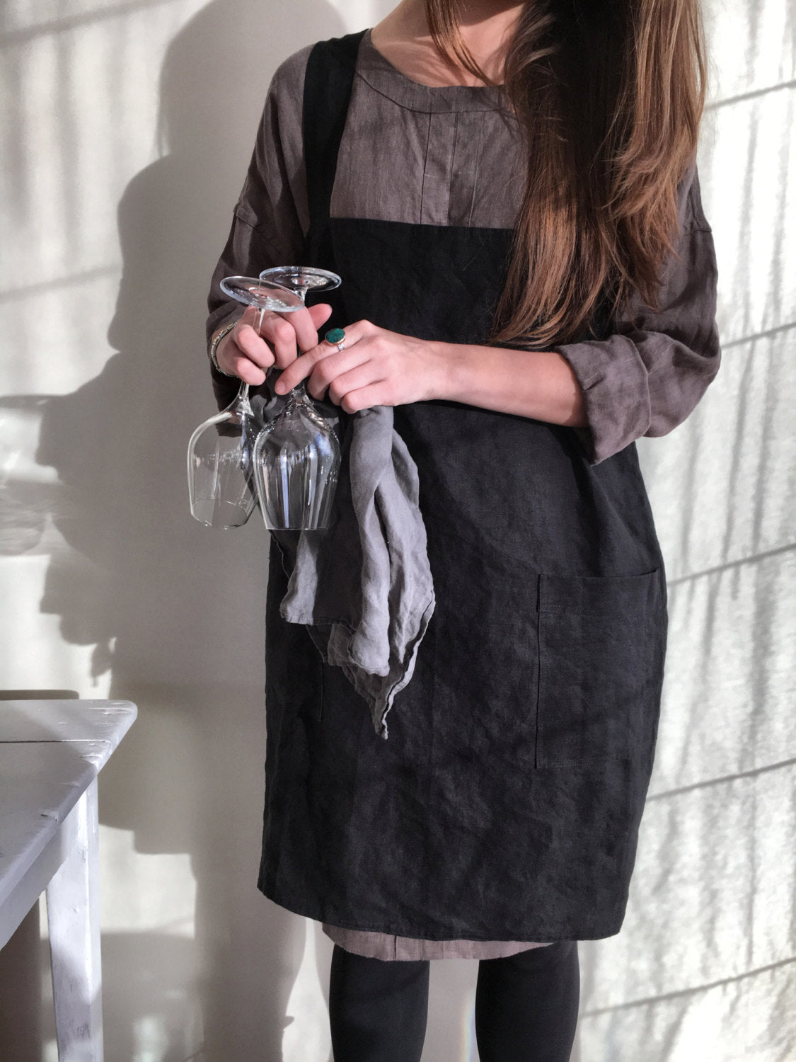 Linen Pinafore Apron, Linen Apron, Dark Pinafore Woman, Square-Cross Apron, no-ties apron, Japanese apron, linen smock, Mothers day gift
