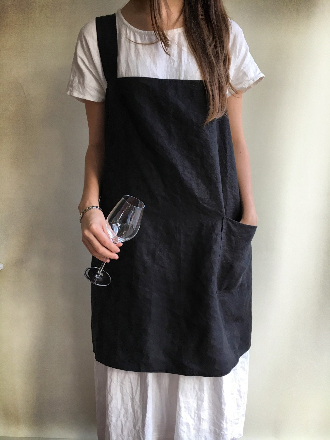 Linen Pinafore Apron, Dark Pinafore Apron Woman, Square-Cross Apron, no-ties apron, Japanese apron, linen smock, Apron dress, mothers day