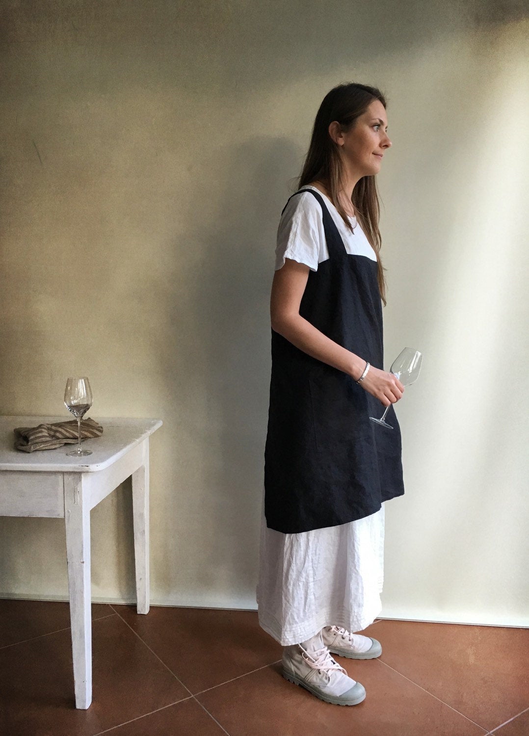 Linen Pinafore Apron, Dark Pinafore Apron Woman, Square-Cross Apron, no-ties apron, Japanese apron, linen smock, Apron dress, mothers day