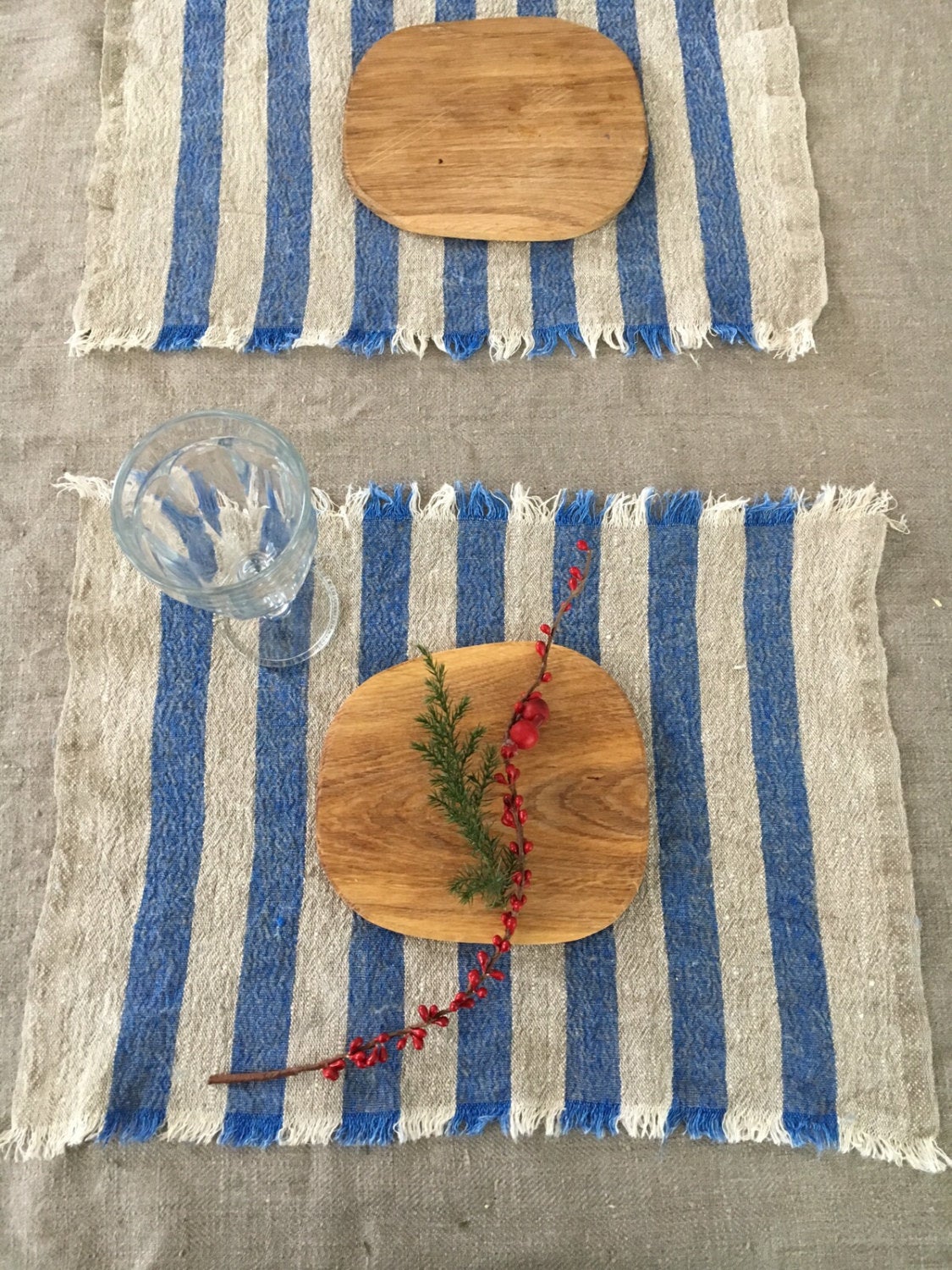 Linen placemats with blue stripes, set of 6 linen placemats, striped placemats, rustic placemats, country placemats, cloth placemats striped