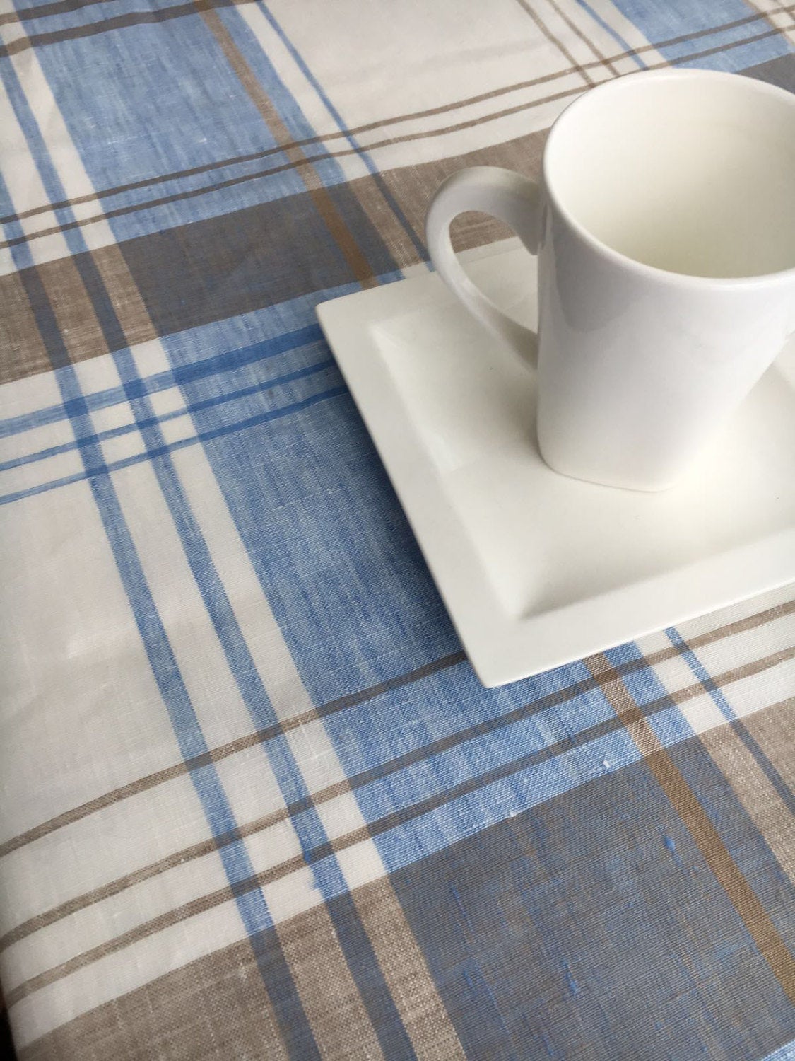 Linen tablecloth, Tartan tablecloth, rectangle tablecloth, checkered tablecloth, blue and brown tartan, square tablecloth, Extra large, wide