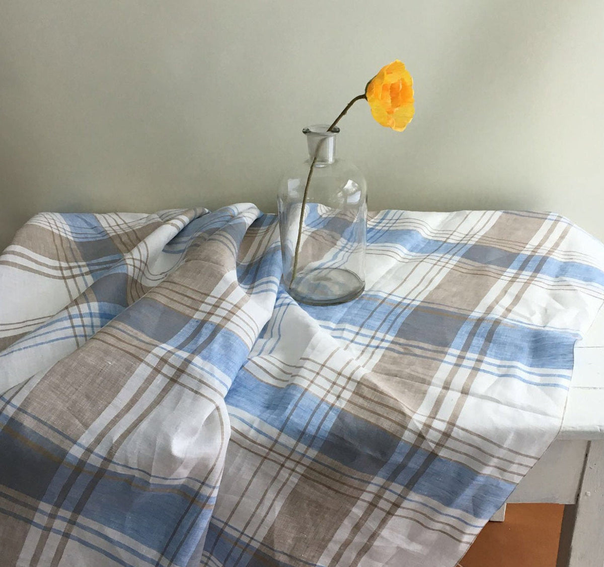 Linen tablecloth, Tartan tablecloth, rectangle tablecloth, checkered tablecloth, blue and brown tartan, square tablecloth, Extra large, wide