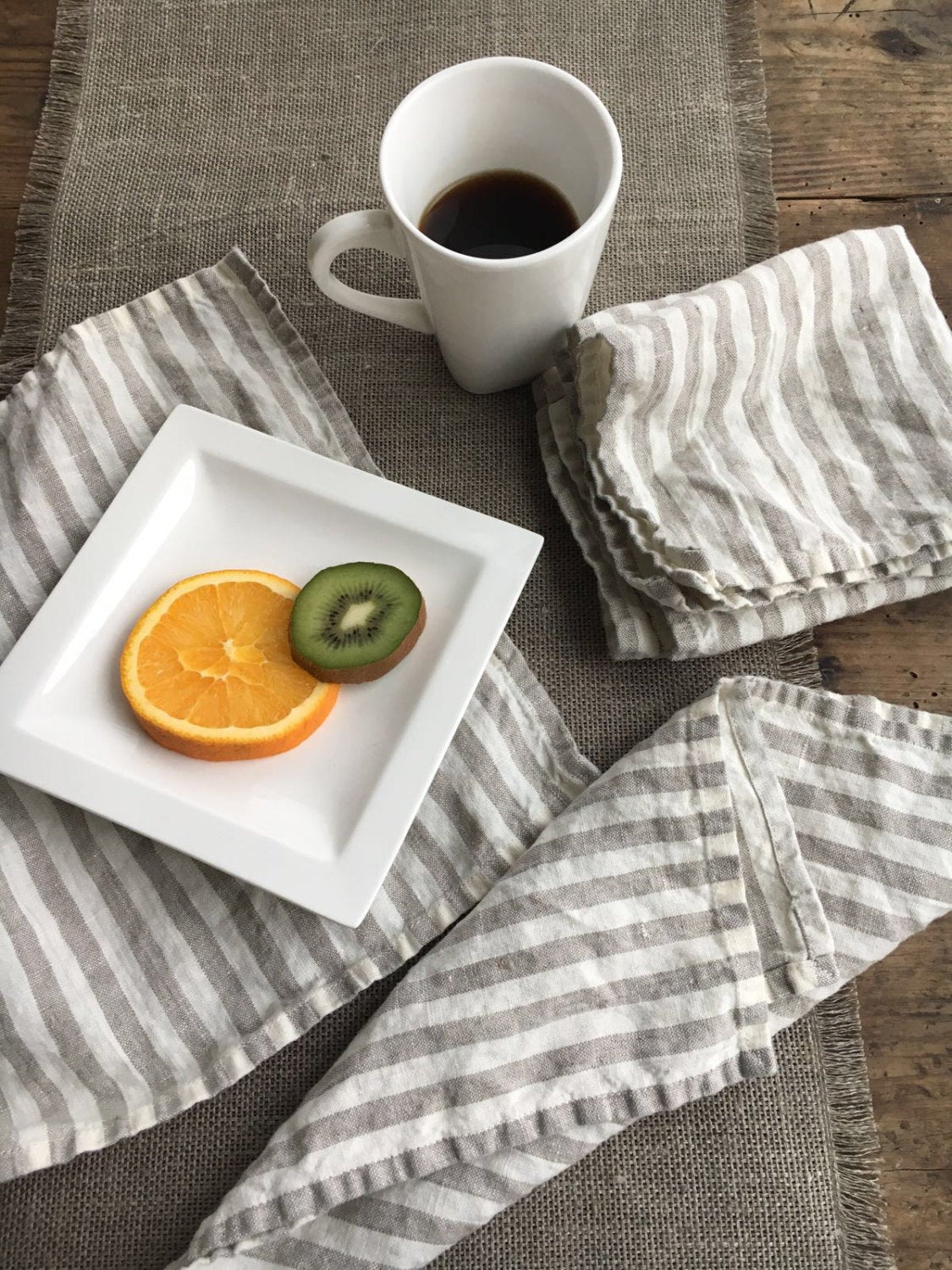 Linen Napkins, Set of 8 creamy white and greyish brown striped cloth napkins, cloth napkins, cloth dining napkins, striped napkins Linenbee